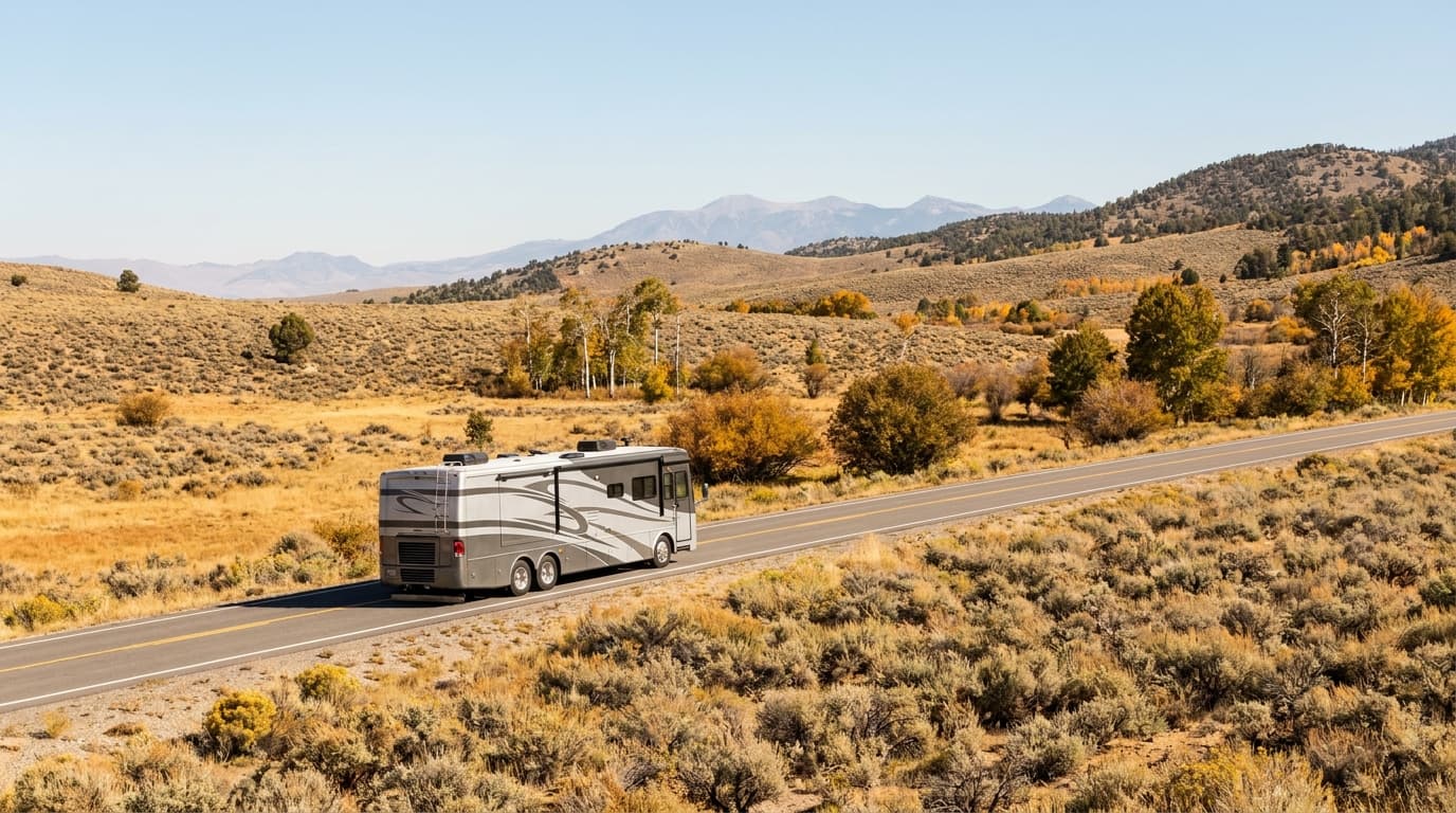 A motorhome traveling through the high desert and Sierra Nevada foothills of Nevada near Reno, Nevada in peak season