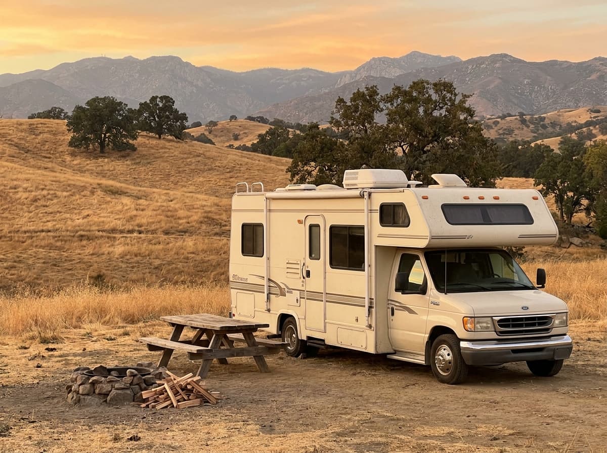 A Class C RV at a campground near Riverside, California in the dry golden hills and distant mountains of California