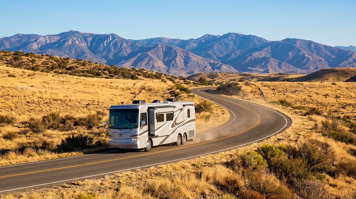 A motorhome traveling through the dry golden hills and distant mountains of California near Riverside, California in peak season