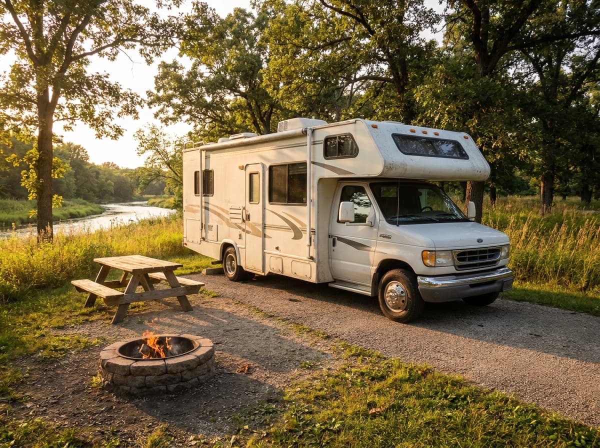 A Class C RV at a campground near Rockford, Illinois in the prairie and river country of northern Illinois