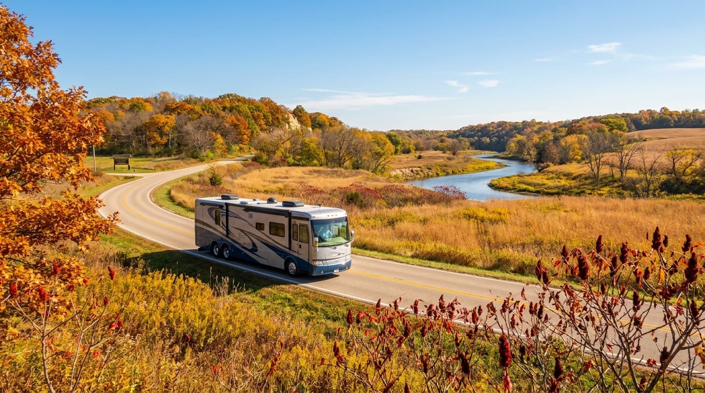 A motorhome traveling through the prairie and river country of northern Illinois near Rockford, Illinois in peak season