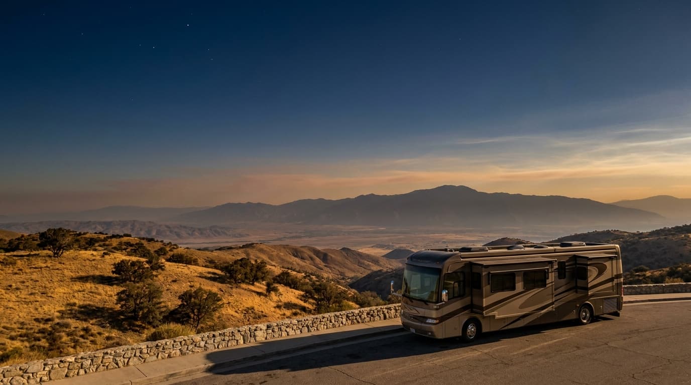 A motorhome at a scenic overlook near Anaheim, California with The Irvine Ranch Outdoor Education Center nearby at dawn
