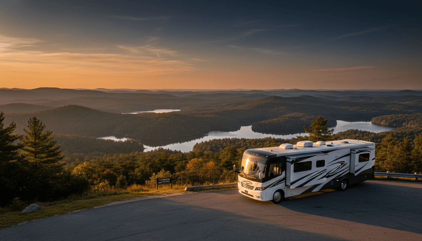 A motorhome at a scenic overlook near Asheville, North Carolina with Campfire Lodgings nearby at dawn