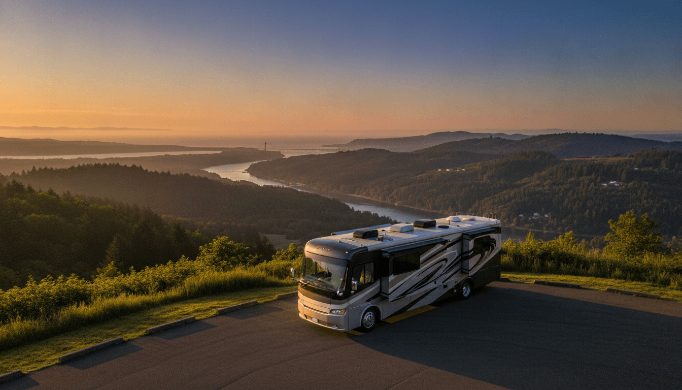 A motorhome at a scenic overlook near Astoria, Oregon with KOA Camp Ground nearby at dawn
