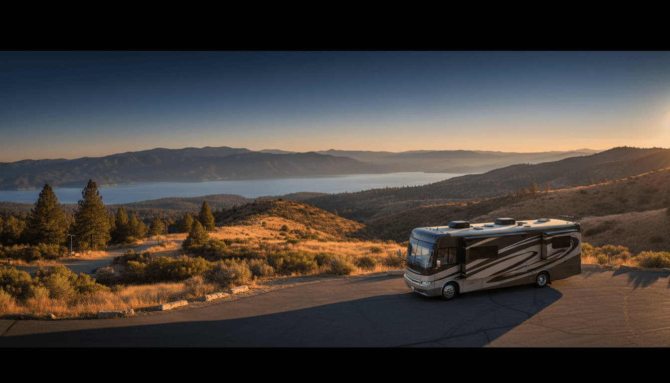 A motorhome at a scenic overlook near Big Bear Lake, California with Serrano Campground nearby at dawn