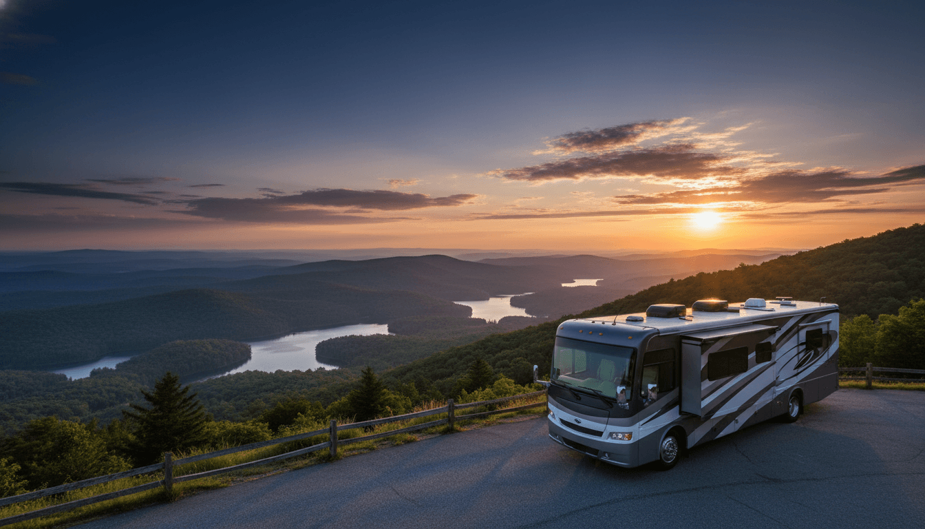 A motorhome at a scenic overlook near Blue Ridge, Georgia with Camp Morganton nearby at dawn
