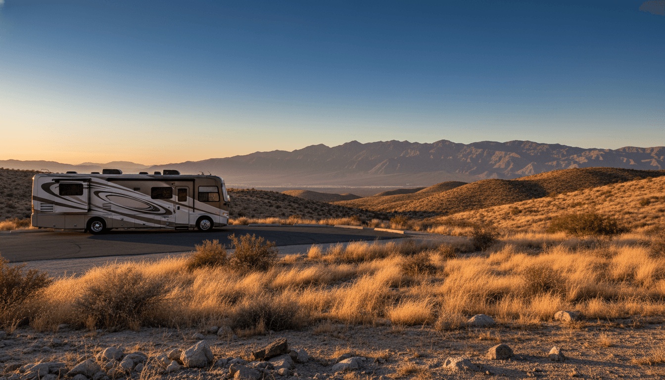 A motorhome at a scenic overlook near Borrego Springs, California with Borrego Palm Canyon Campground nearby at dawn