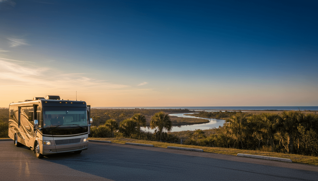 A motorhome at a scenic overlook near Bradenton, Florida with Frog Creek Campground nearby at dawn