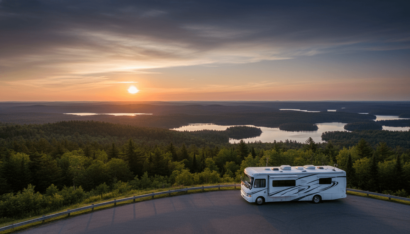 A motorhome at a scenic overlook near Brainerd, Minnesota with Crow Wing State Park Campground nearby at dawn