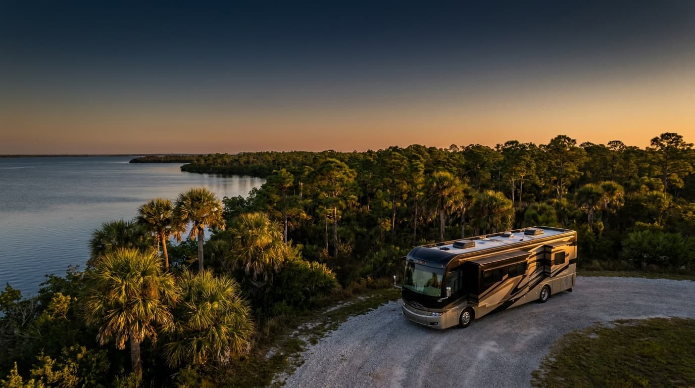 A motorhome at a scenic overlook near Cape Coral, Florida with Koreshan State Park Campground nearby at dawn