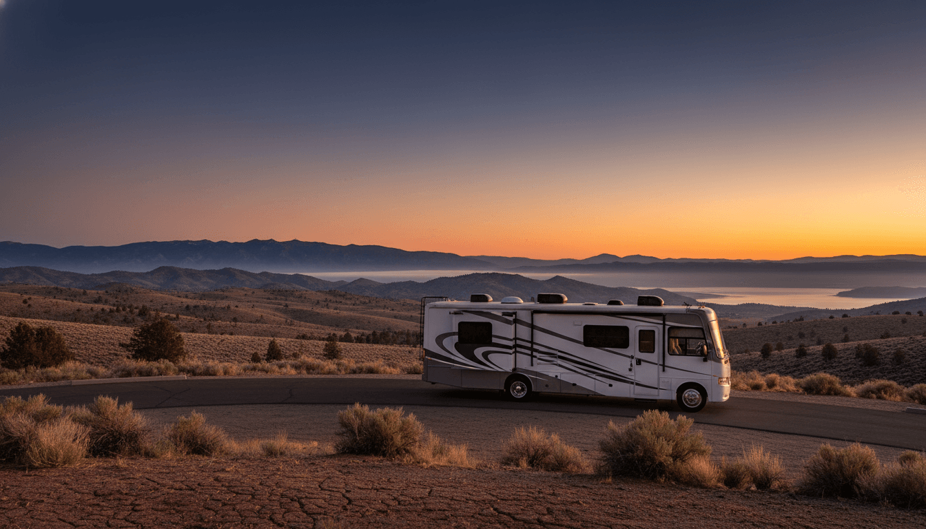 A motorhome at a scenic overlook near Carson City, Nevada with Washoe Lake State Park Campground nearby at dawn