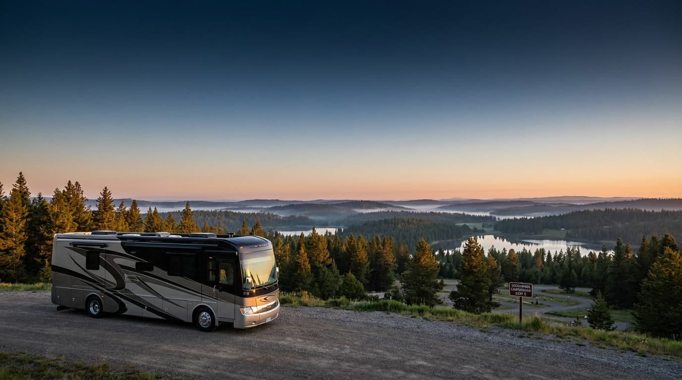 A motorhome at a scenic overlook near Cary, North Carolina with Crosswinds Campground Loop C nearby at dawn