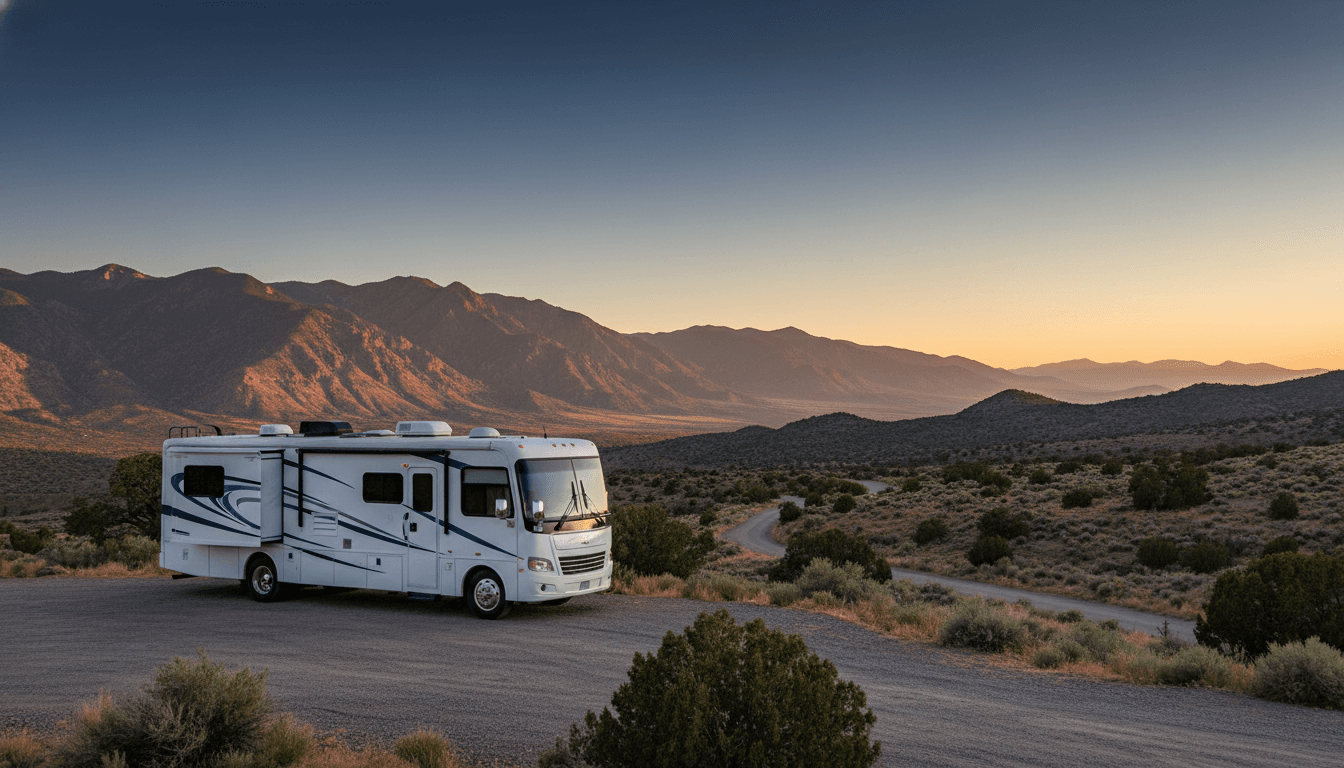 A motorhome at a scenic overlook near Cedar City, Utah with Pyramid Ridge Campground nearby at dawn