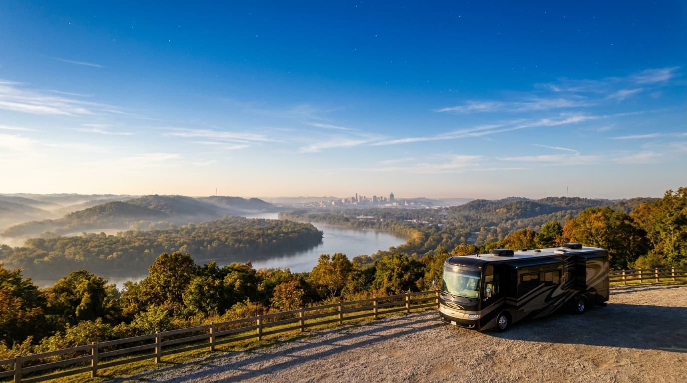A motorhome at a scenic overlook near Cincinnati, Ohio with Greiser nearby at dawn
