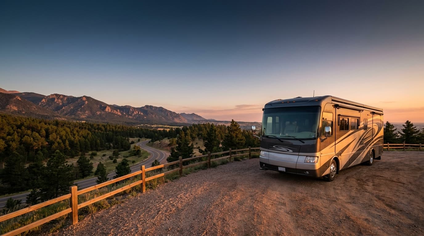 A motorhome at a scenic overlook near Colorado Springs, Colorado with The Meadow Walk-In Campground nearby at dawn