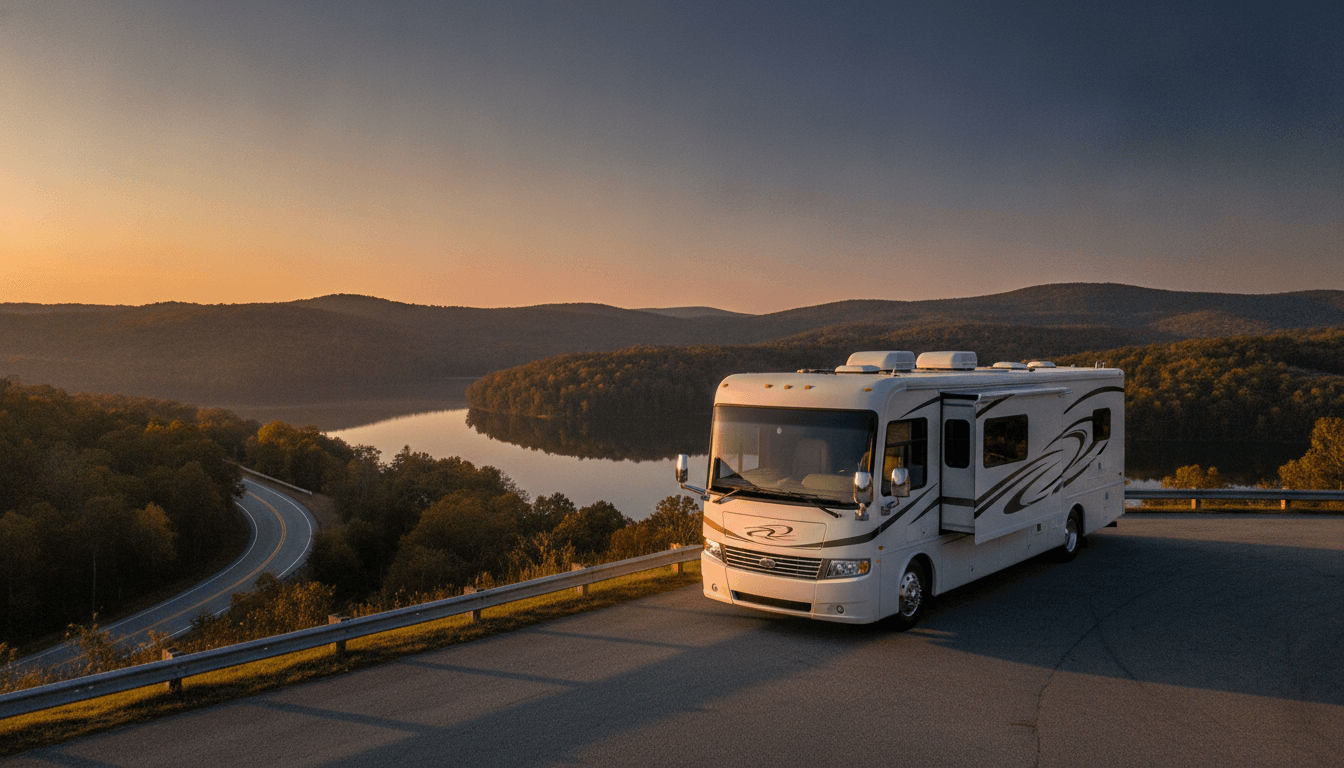 A motorhome at a scenic overlook near Crossville, Tennessee with Meadow Park Lake Campground nearby at dawn