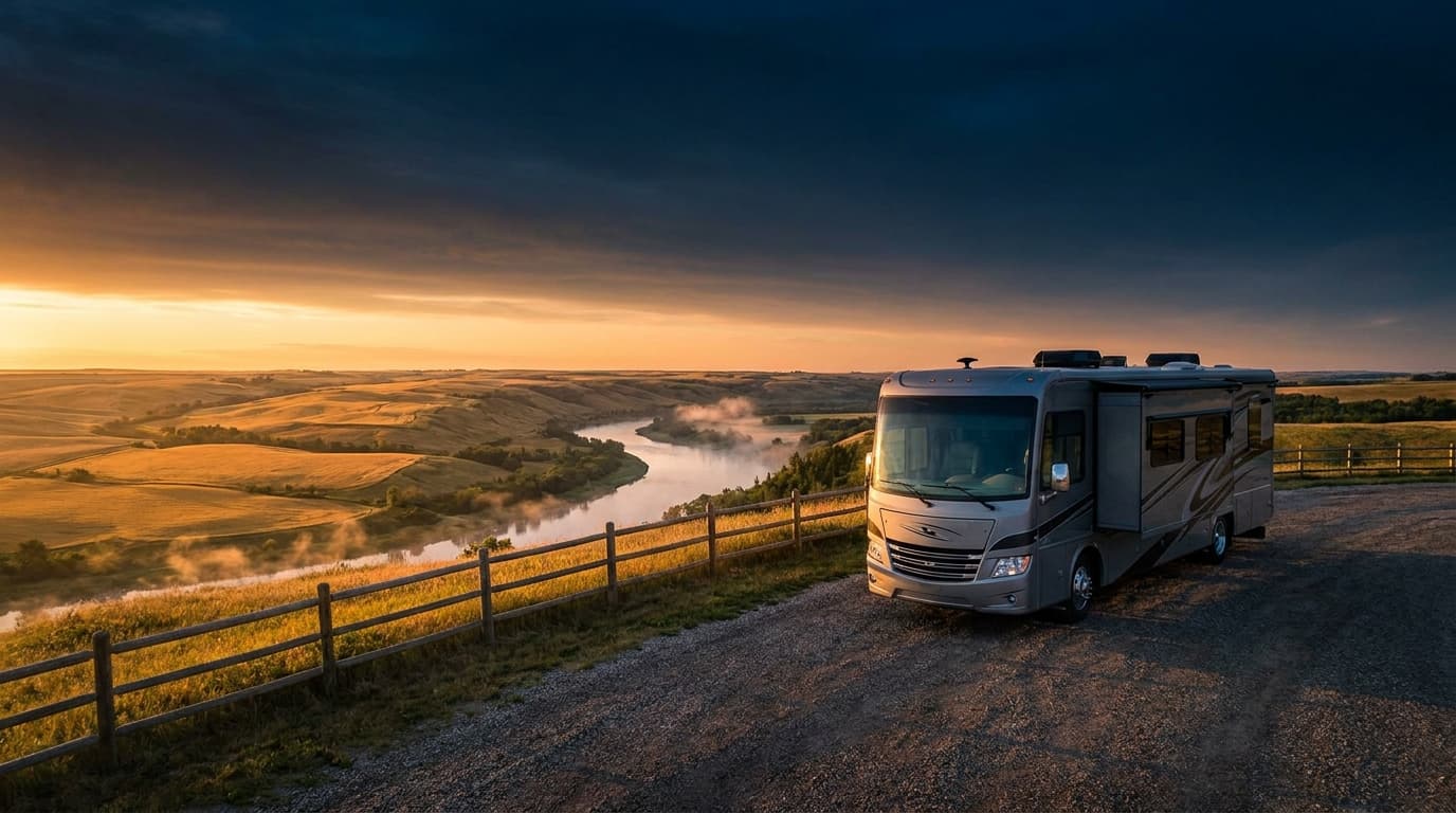 A motorhome at a scenic overlook near Des Moines, Iowa with Willowbrook Bible Camp nearby at dawn