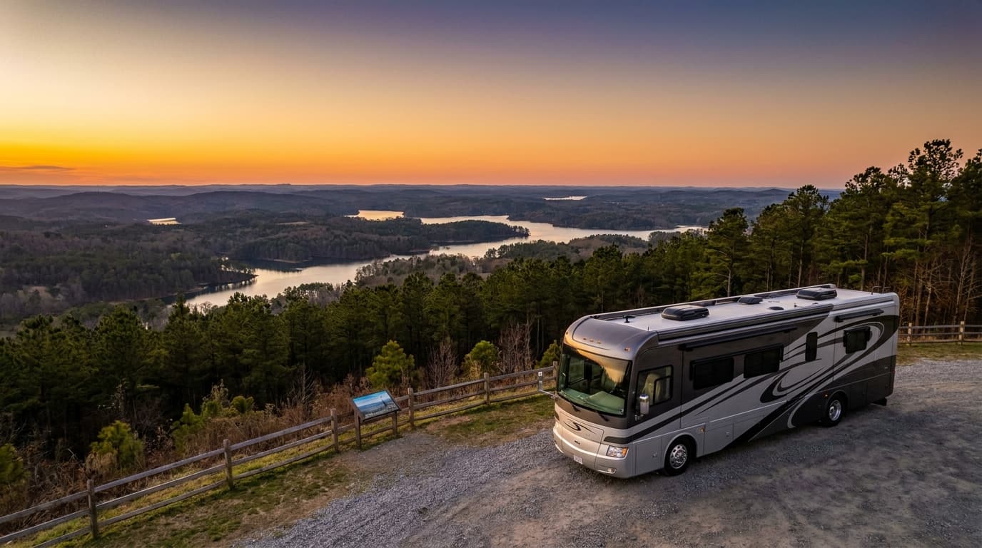 A motorhome at a scenic overlook near Durham, North Carolina with Ward Family Campground nearby at dawn