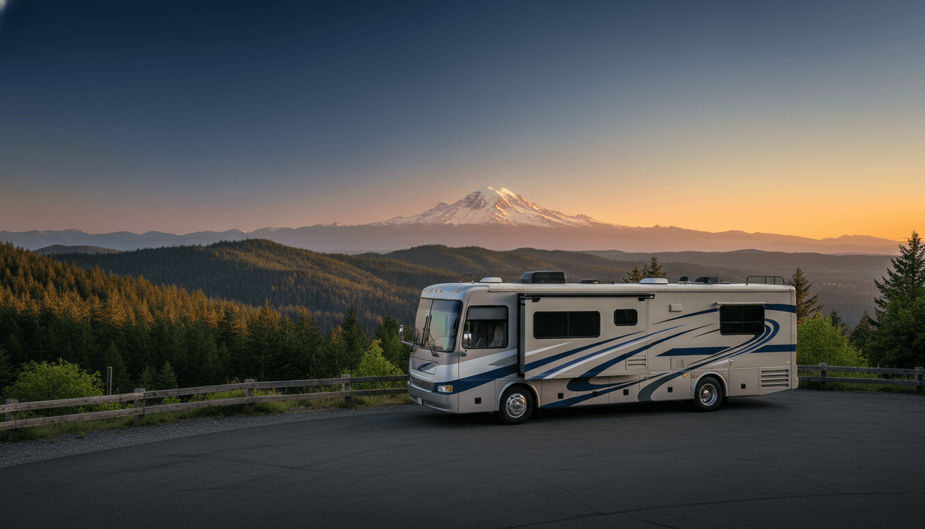 A motorhome at a scenic overlook near Eatonville, Washington with Glacier Village RV Park nearby at dawn