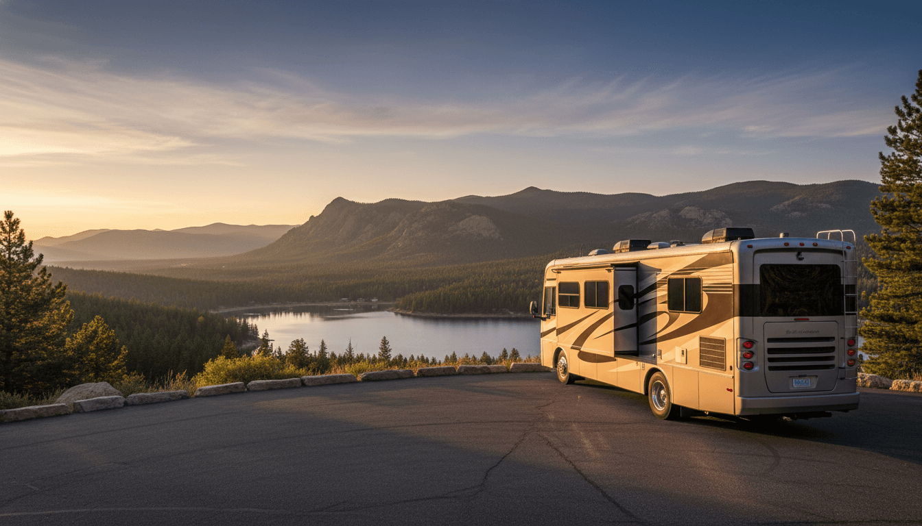 A motorhome at a scenic overlook near Estes Park, Colorado with Mary's Lake nearby at dawn