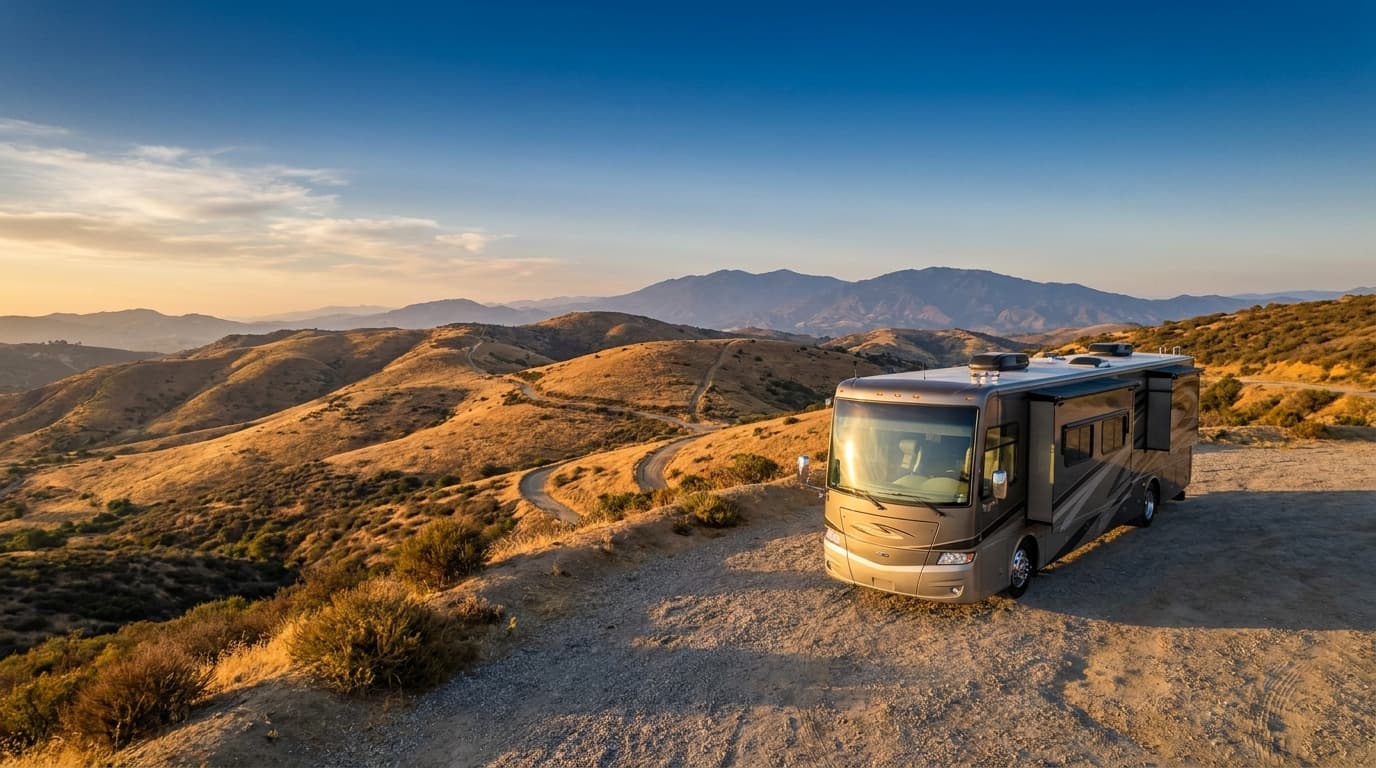 A motorhome at a scenic overlook near Fontana, California with Bonita Ranch Campground nearby at dawn