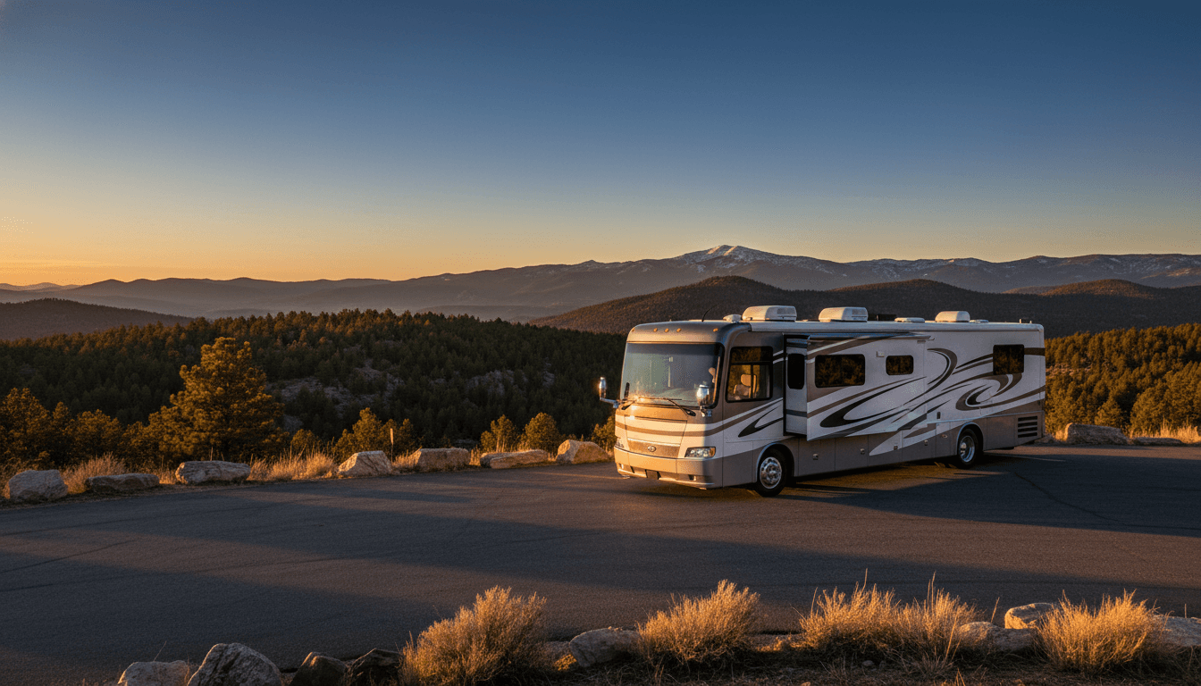 A motorhome at a scenic overlook near Fort Collins, Colorado with Backcountry Site 1 nearby at dawn