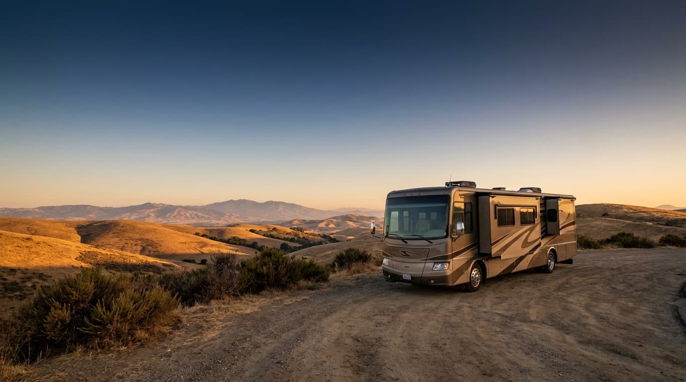 A motorhome at a scenic overlook near Fremont, California with Dairy Glenn nearby at dawn