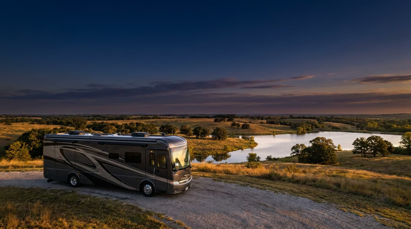A motorhome at a scenic overlook near Frisco, Texas with Constellation Park Campsite #1 nearby at dawn