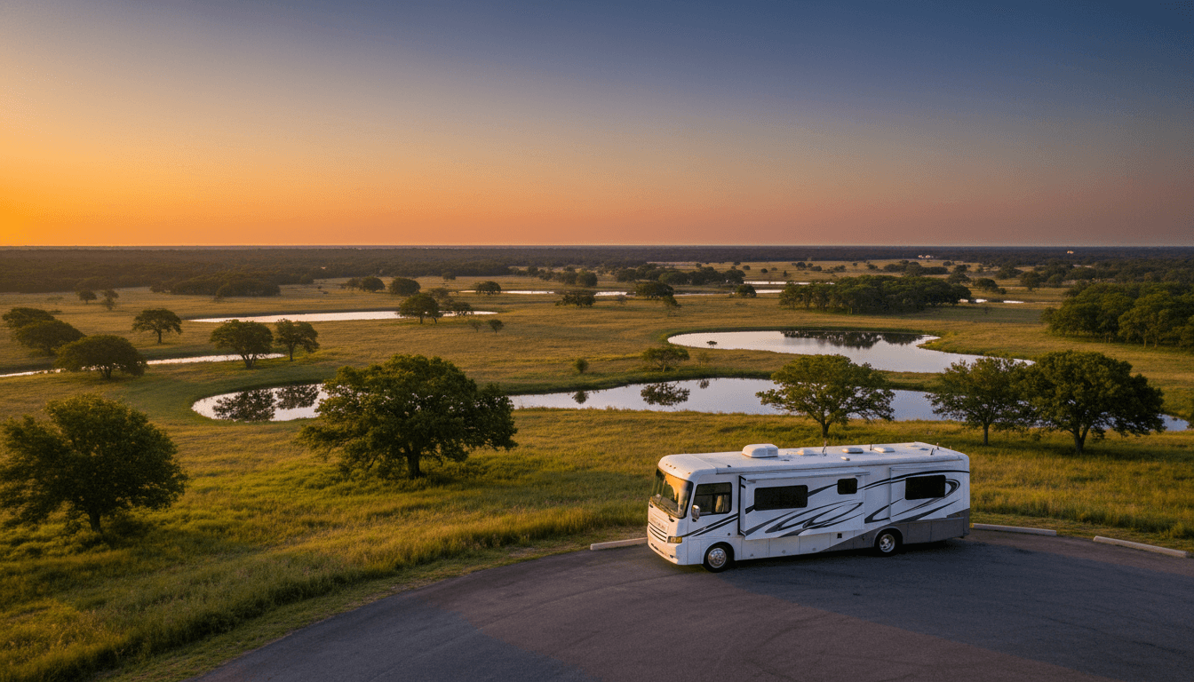 A motorhome at a scenic overlook near Galveston, Texas at dawn