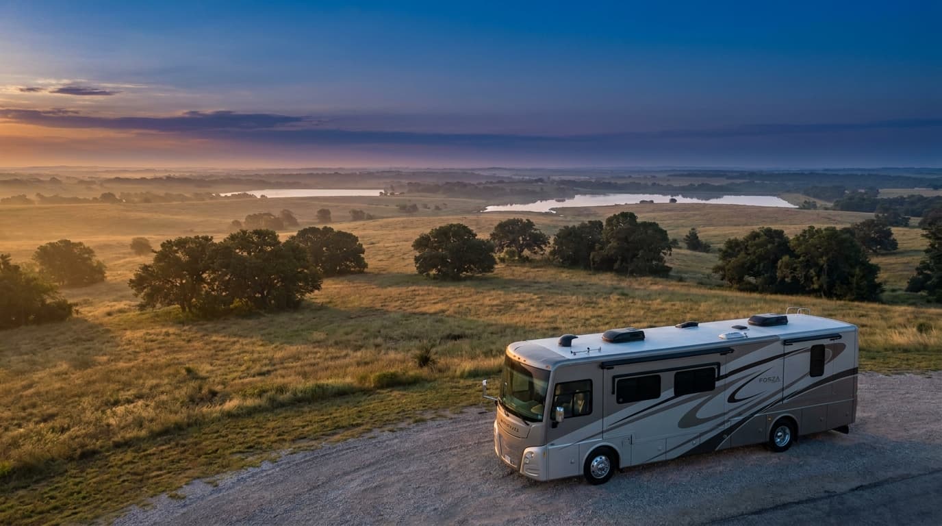 A motorhome at a scenic overlook near Garland, Texas with Sandy Lake RV Resort nearby at dawn