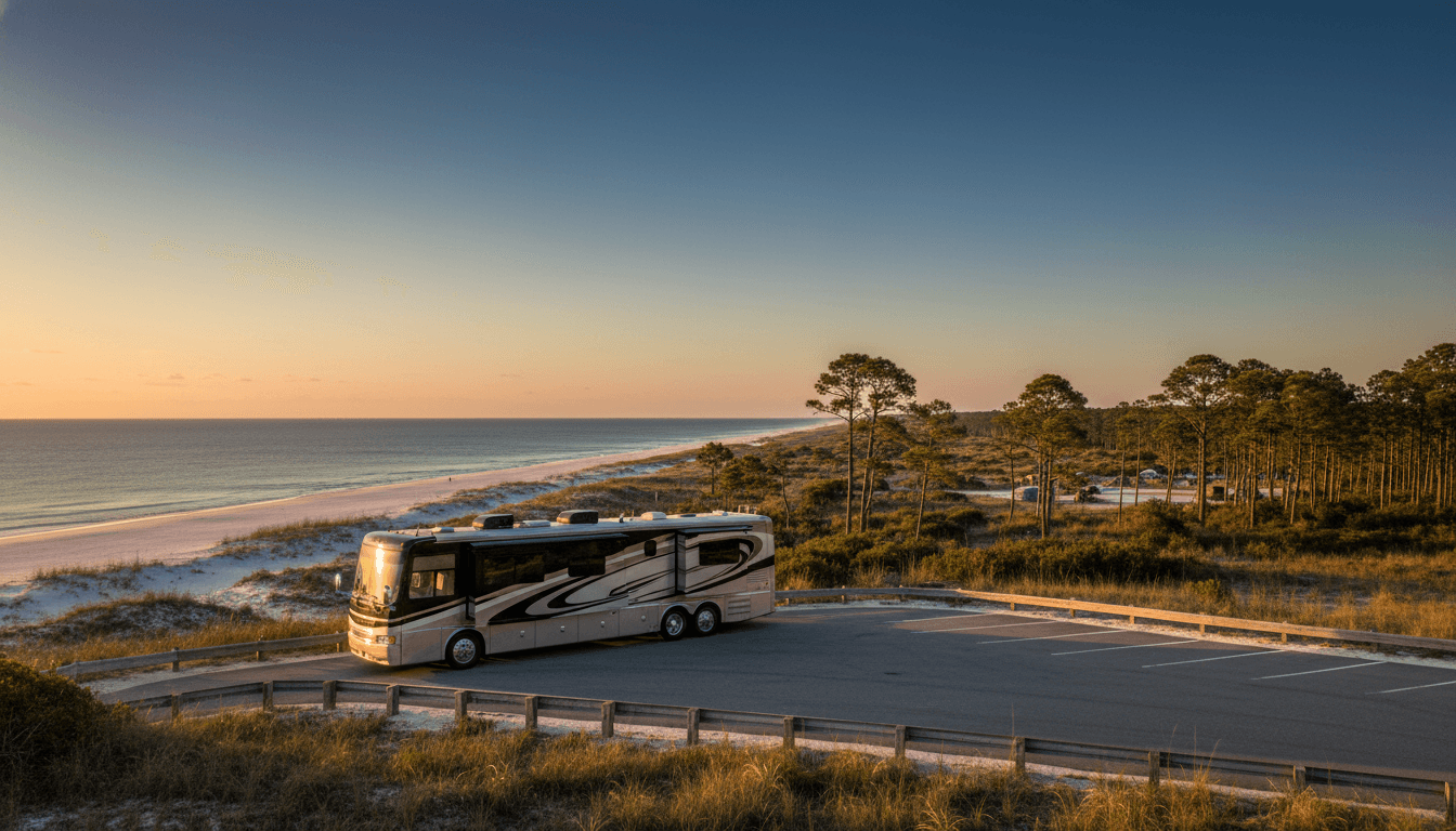 A motorhome at a scenic overlook near Gulf Shores, Alabama with Southport Campground nearby at dawn