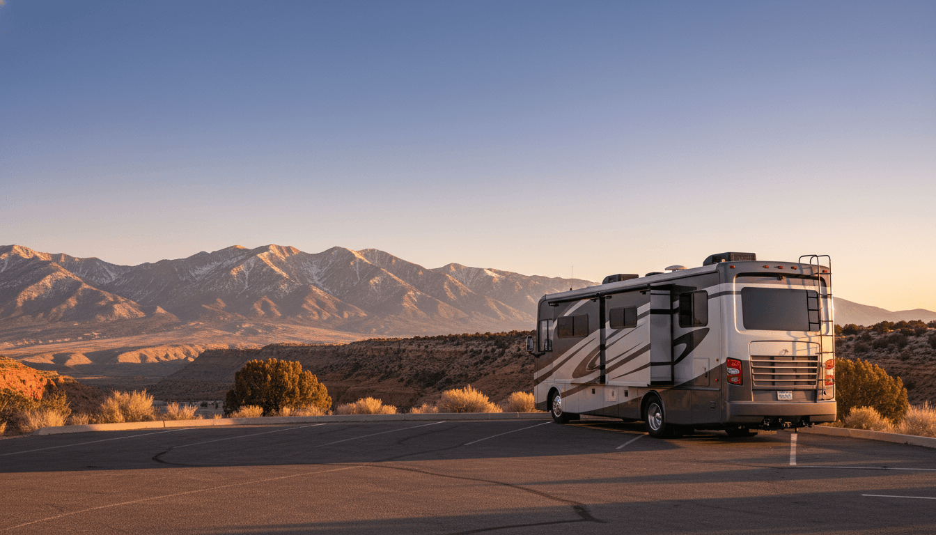 A motorhome at a scenic overlook near Heber City, Utah with Soldier Hollow Campground - Chalet Loop nearby at dawn