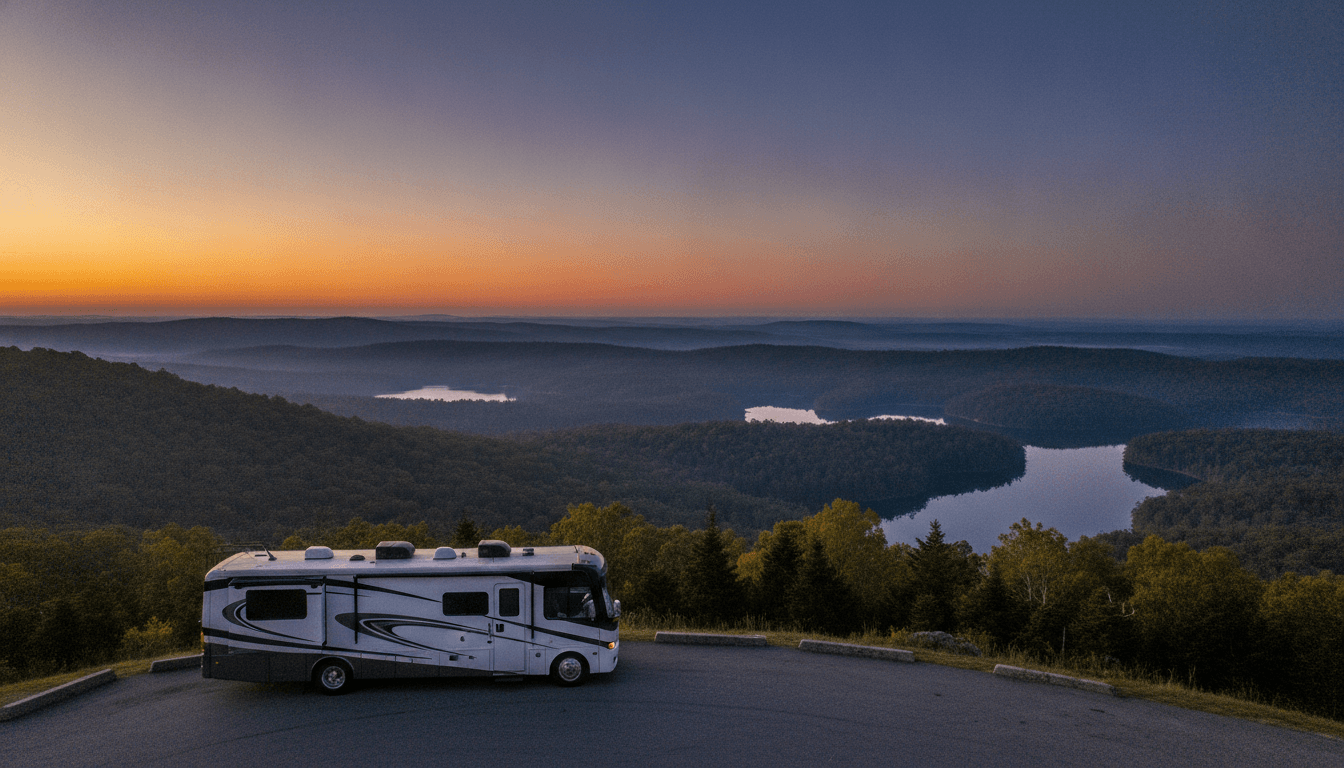A motorhome at a scenic overlook near Helen, Georgia with Bear Ridge Group Camp nearby at dawn