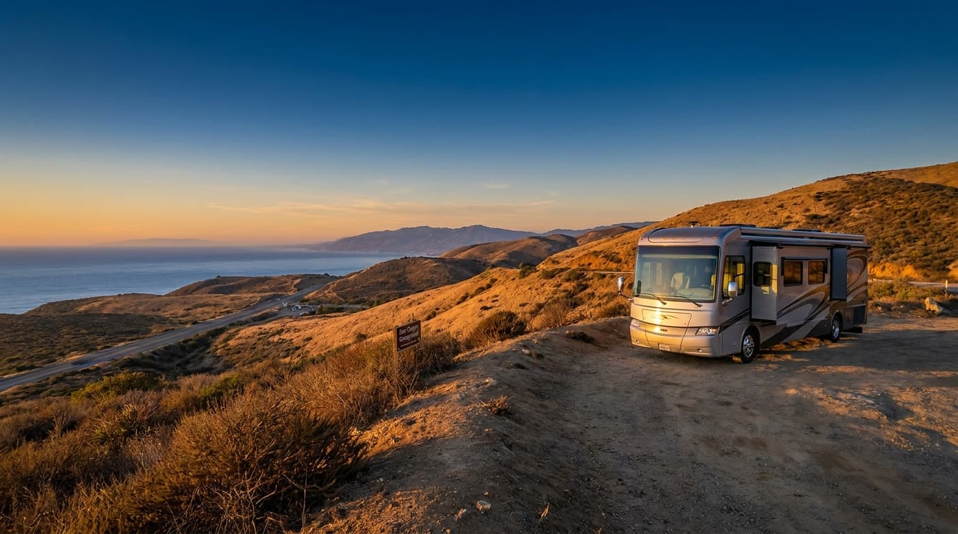 A motorhome at a scenic overlook near Huntington Beach, California with Deer Canyon Campground nearby at dawn