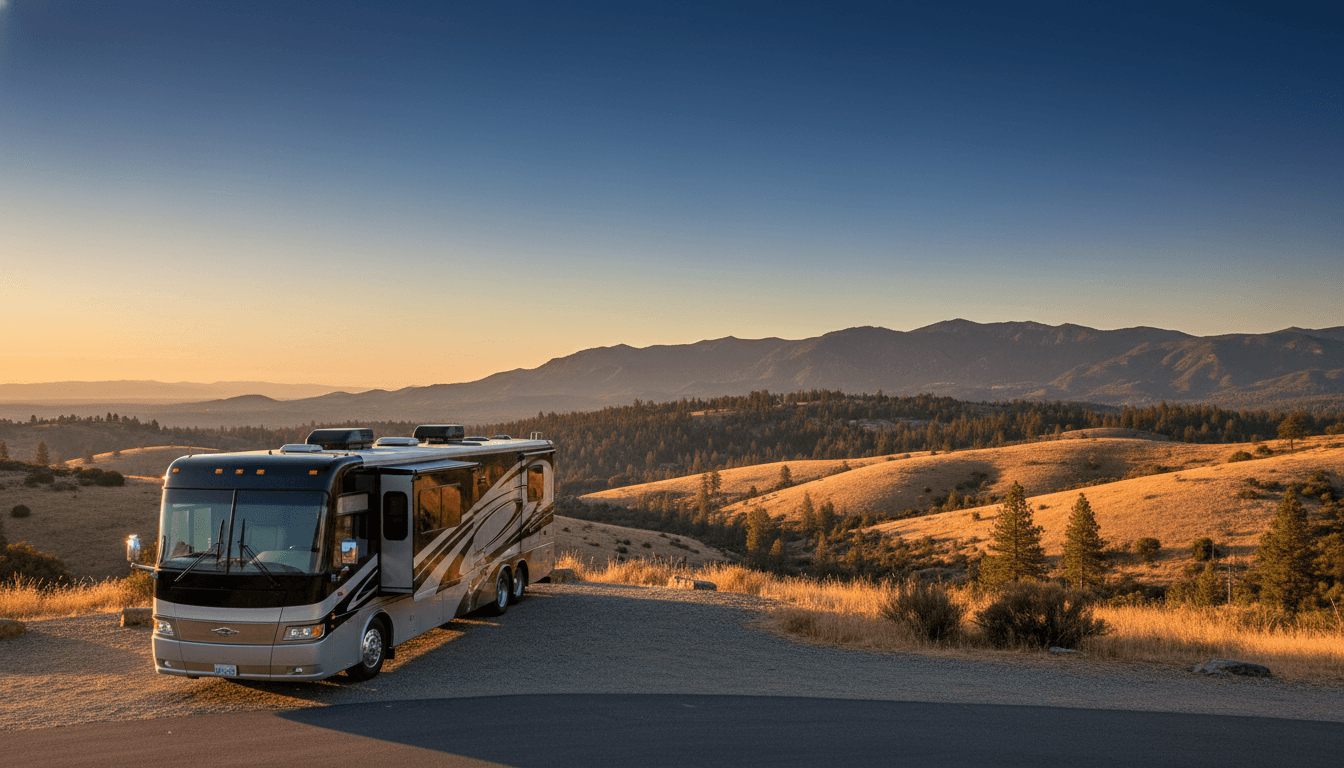 A motorhome at a scenic overlook near Idyllwild, California with Idyllwild Pines Camp nearby at dawn