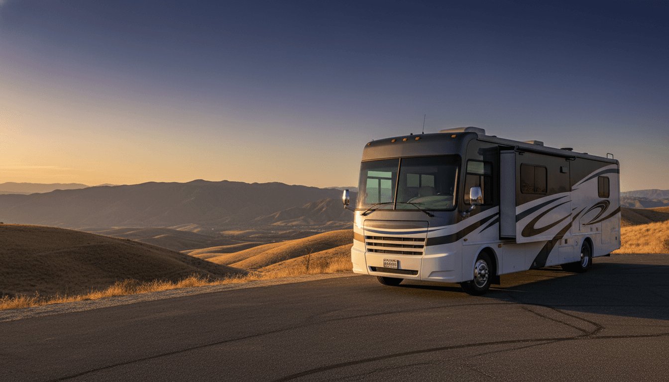 A motorhome at a scenic overlook near Indio, California with Pinyon Flat Campground nearby at dawn