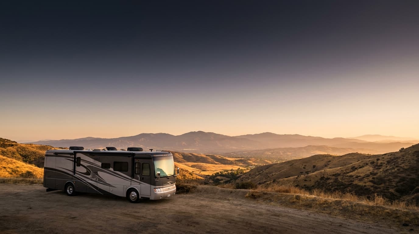 A motorhome at a scenic overlook near Irvine, California with Deer Canyon Campground nearby at dawn