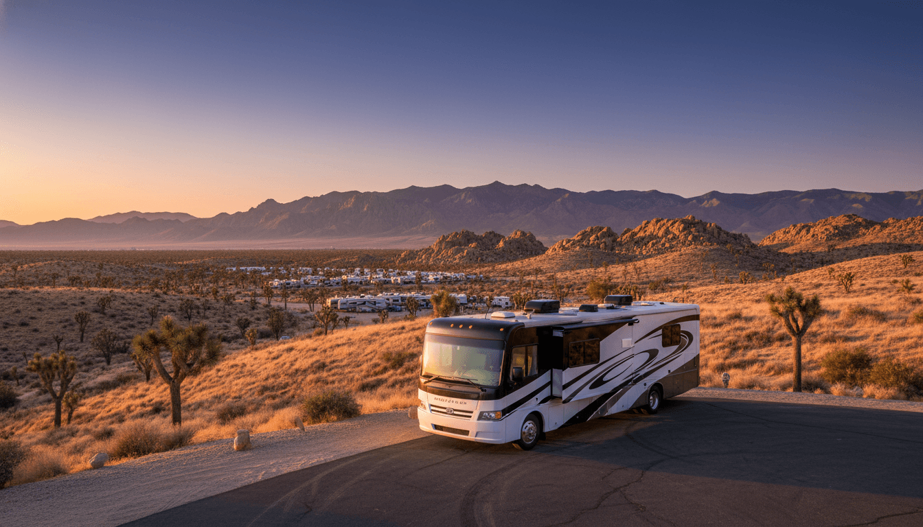 A motorhome at a scenic overlook near Joshua Tree, California with Joshua Tree Village Campground nearby at dawn
