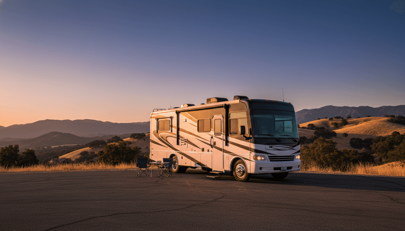A motorhome at a scenic overlook near Julian, California with Paso Picacho Campground nearby at dawn