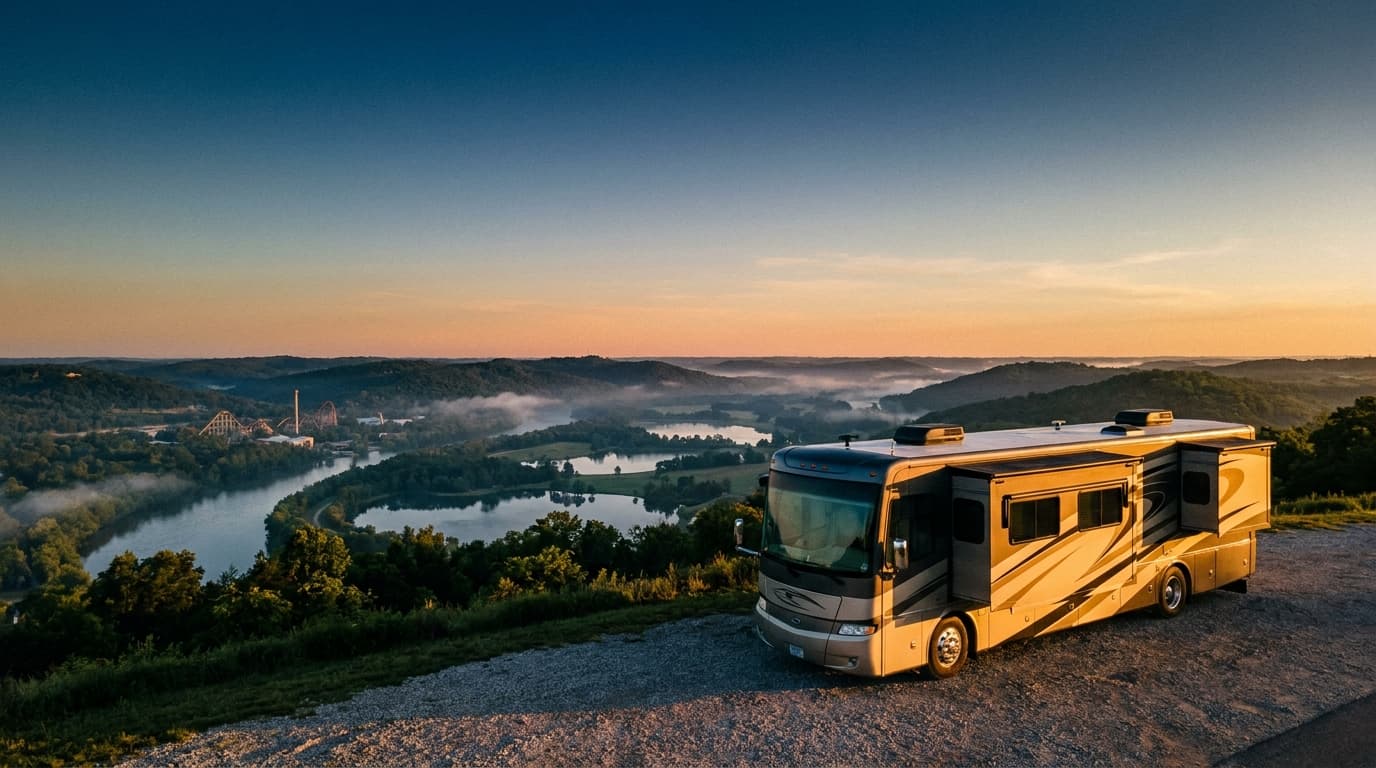 A motorhome at a scenic overlook near Kansas City, Missouri with Worlds of Fun Village nearby at dawn