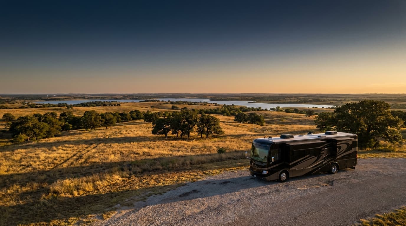 A motorhome at a scenic overlook near Killeen, Texas with Camp Finlayson nearby at dawn