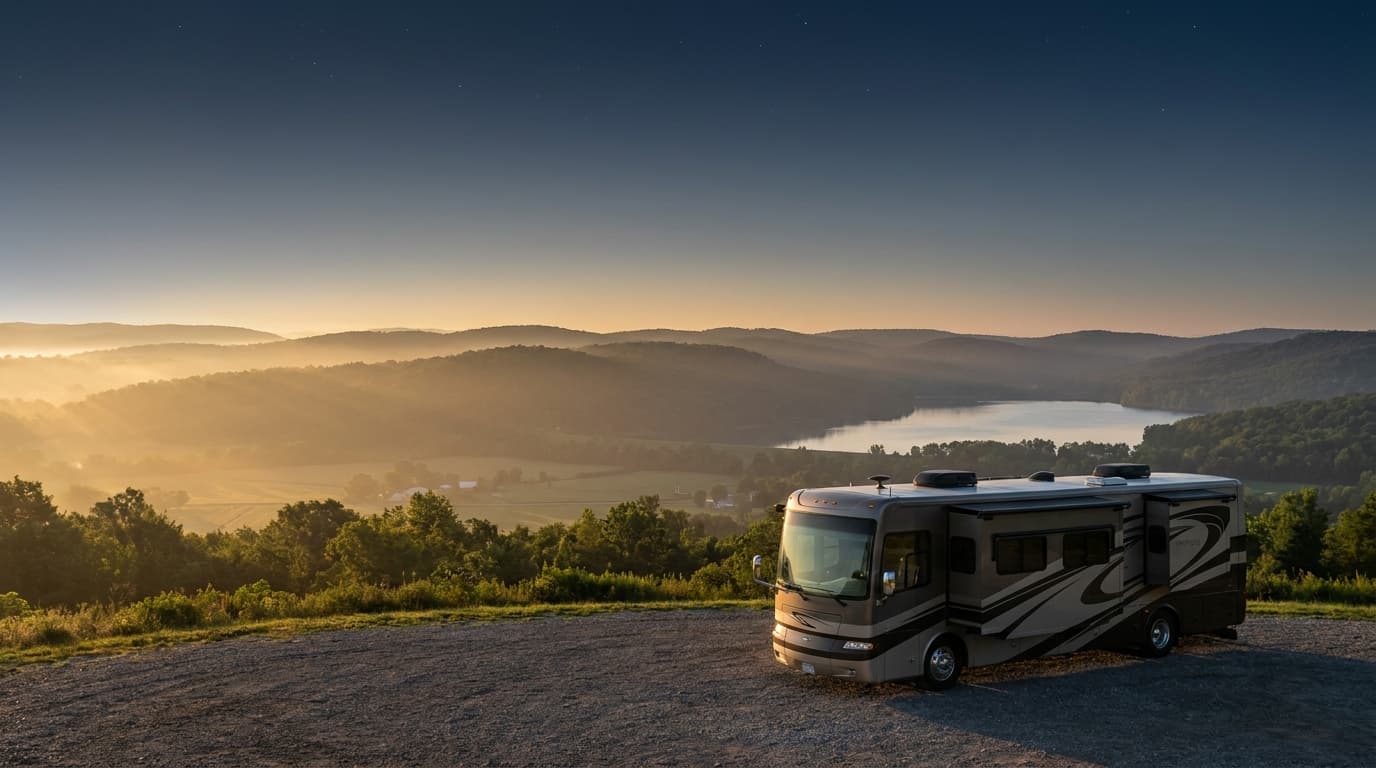A motorhome at a scenic overlook near Knoxville, Tennessee with Low Meadow Farms nearby at dawn