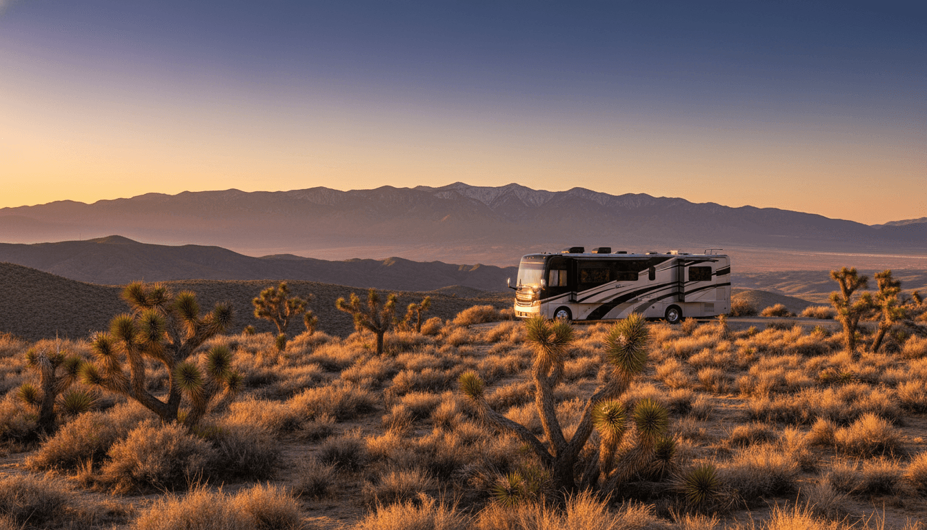 Motorhome parked at a high-desert overlook in the Antelope Valley near Lancaster, California at dawn with the San Gabriel Mountains in the distance
