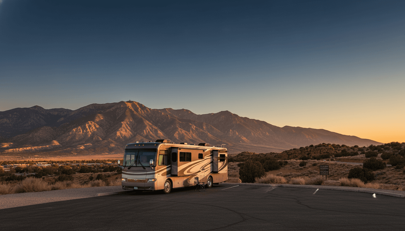 A motorhome at a scenic overlook near Layton, Utah with Cherry Hill Campground nearby at dawn