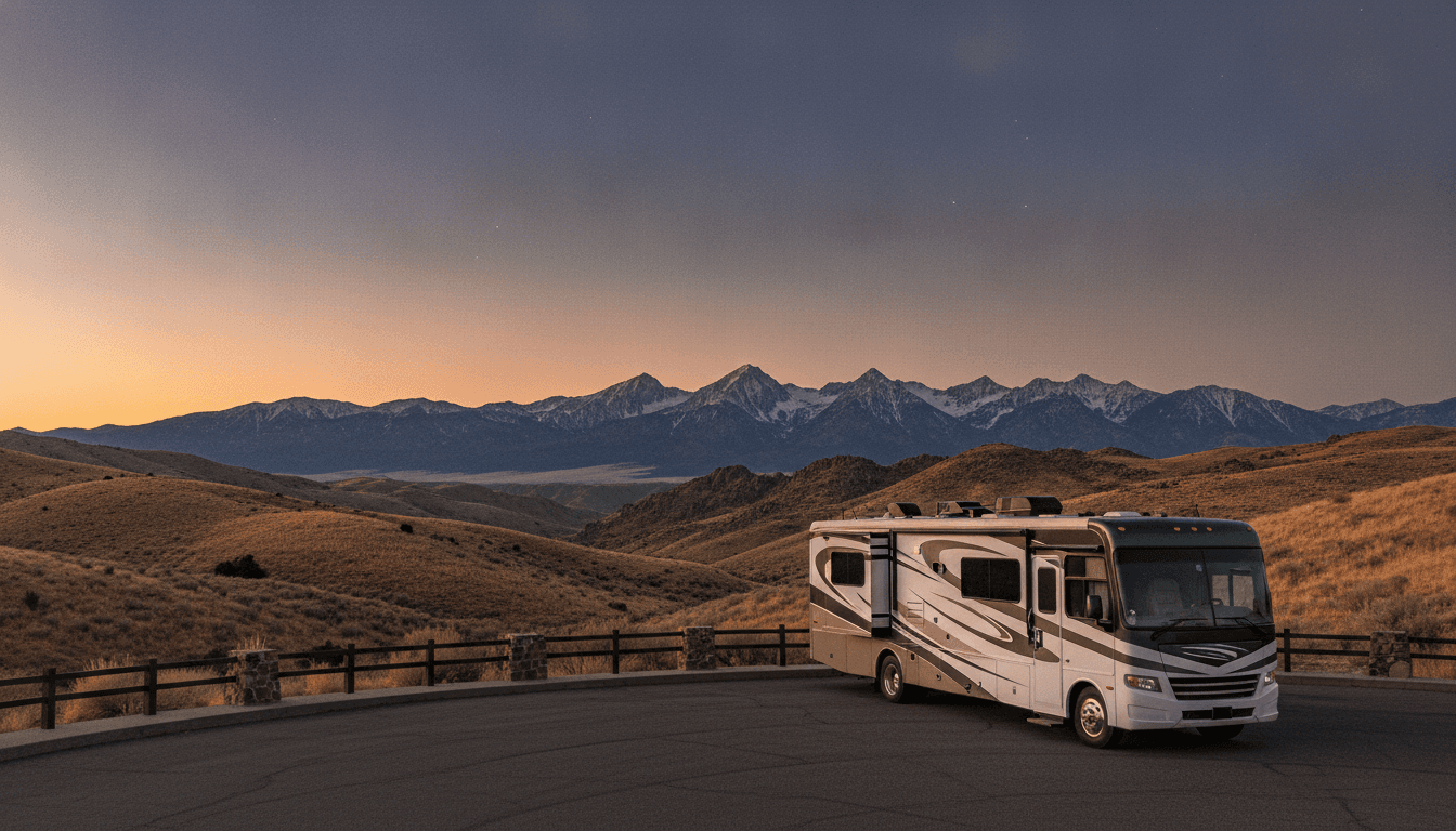 A motorhome at a scenic overlook near Lee Vining, California with Camp Azuza Senior Camp nearby at dawn