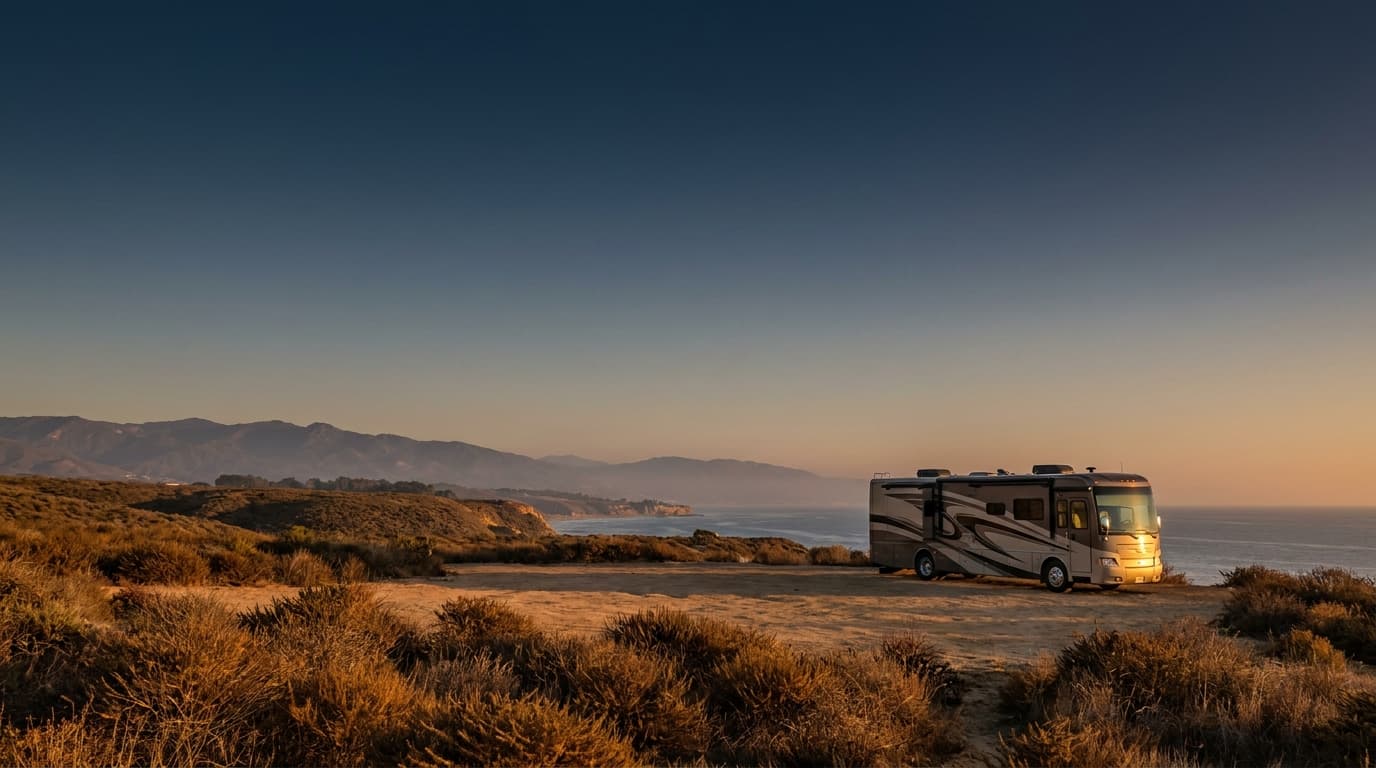A motorhome at a scenic overlook near Long Beach, California with Girl Scouts nearby at dawn