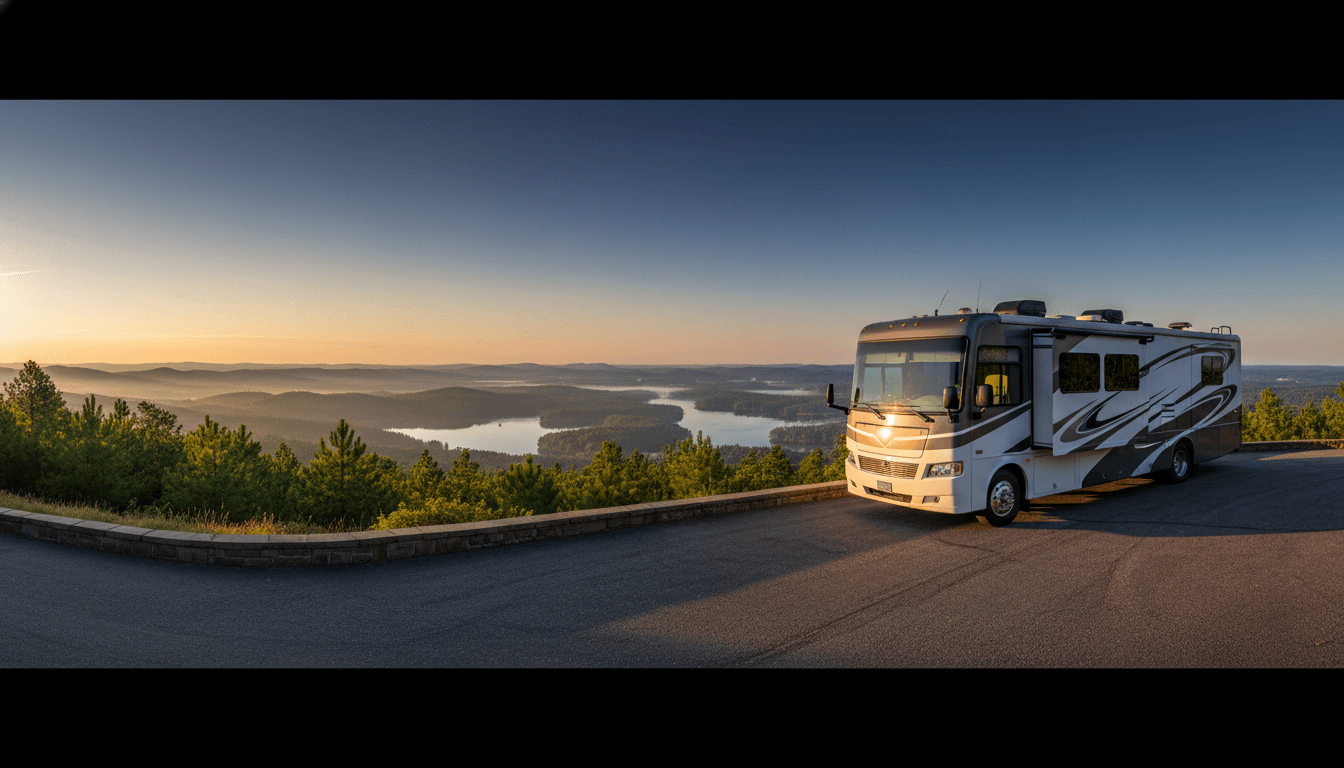 A motorhome at a scenic overlook near Maggie Valley, North Carolina with Hillbilly Campground nearby at dawn