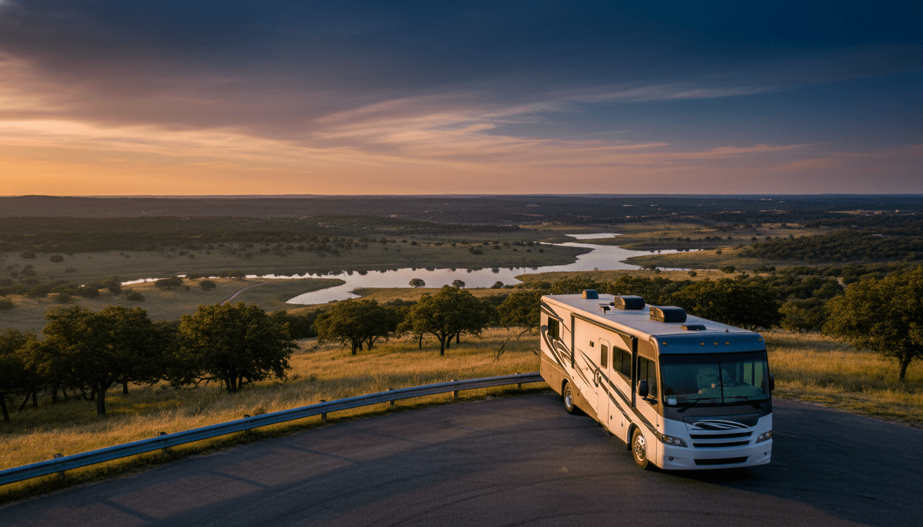 A motorhome at a scenic overlook near Marble Falls, Texas with Area B Campgrounds nearby at dawn
