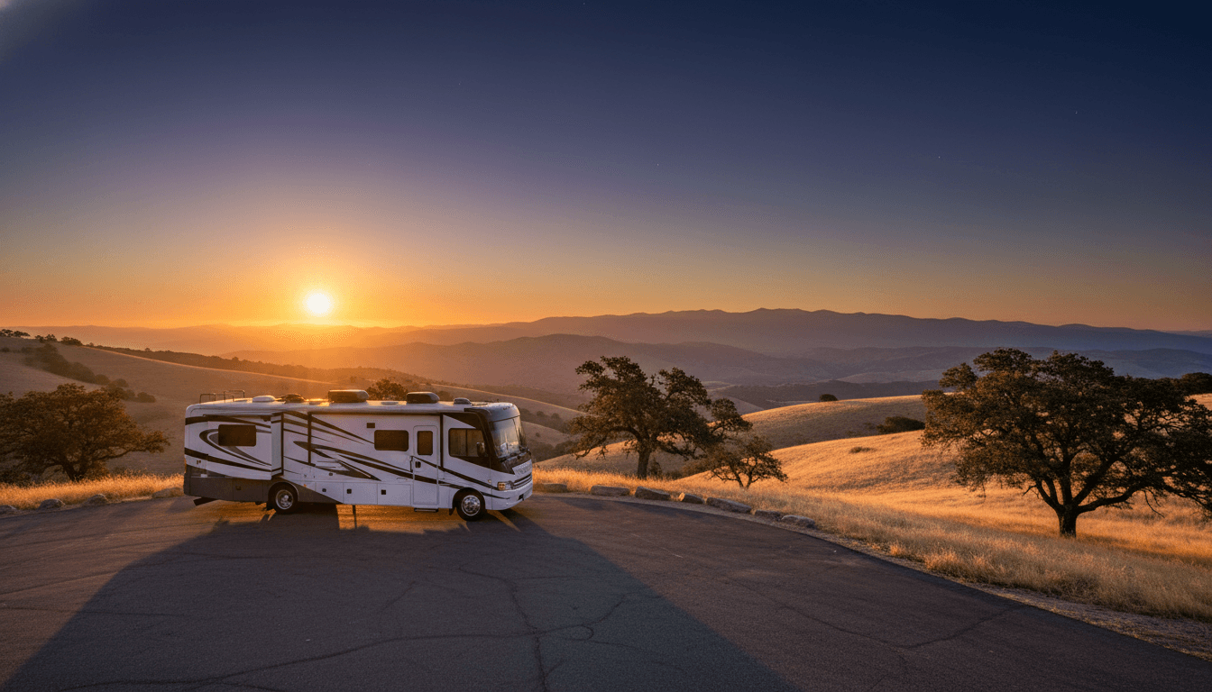 A motorhome at a scenic overlook near Mariposa, California with Wildhaven Yosemite Glamping nearby at dawn
