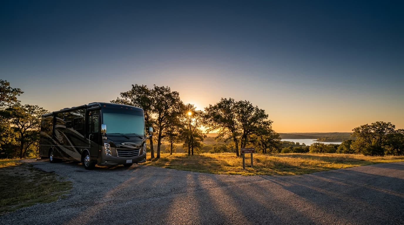 A motorhome at a scenic overlook near McKinney, Texas with Constellation Park Campsite #1 nearby at dawn